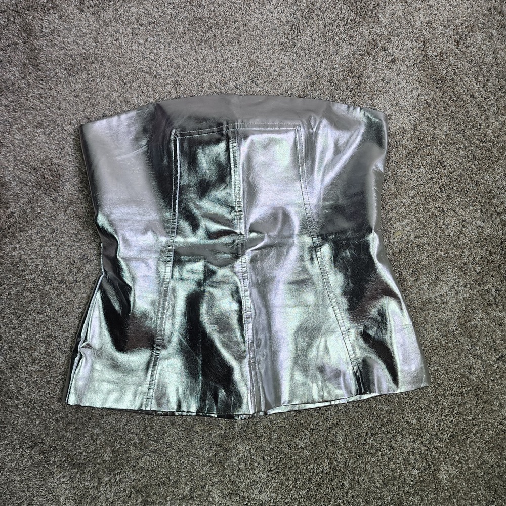 Amy Lynn Metallic Silver Faux Leather Strapless Corset Top Sz M Y2K Festival